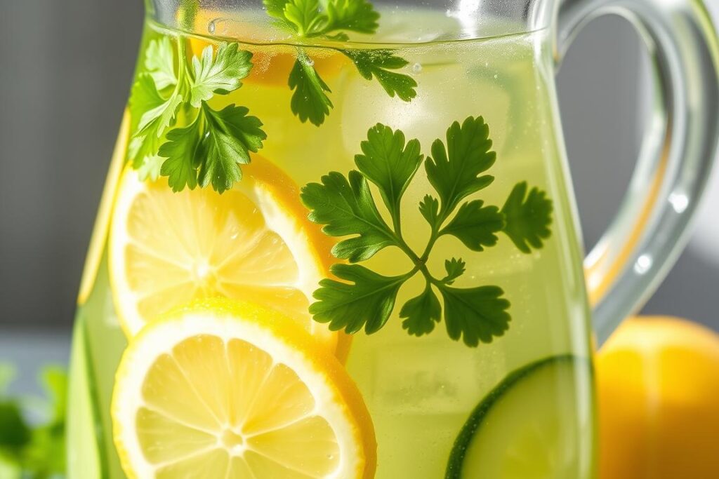 Green tea-cilantro detox water with lemon in a glass pitcher Green tea-cilantro detox water with lemon in a glass pitcher
