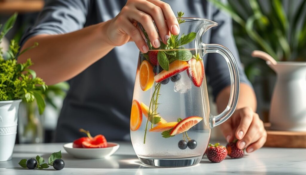 Image of a person preparing infused water with fruits and herbs