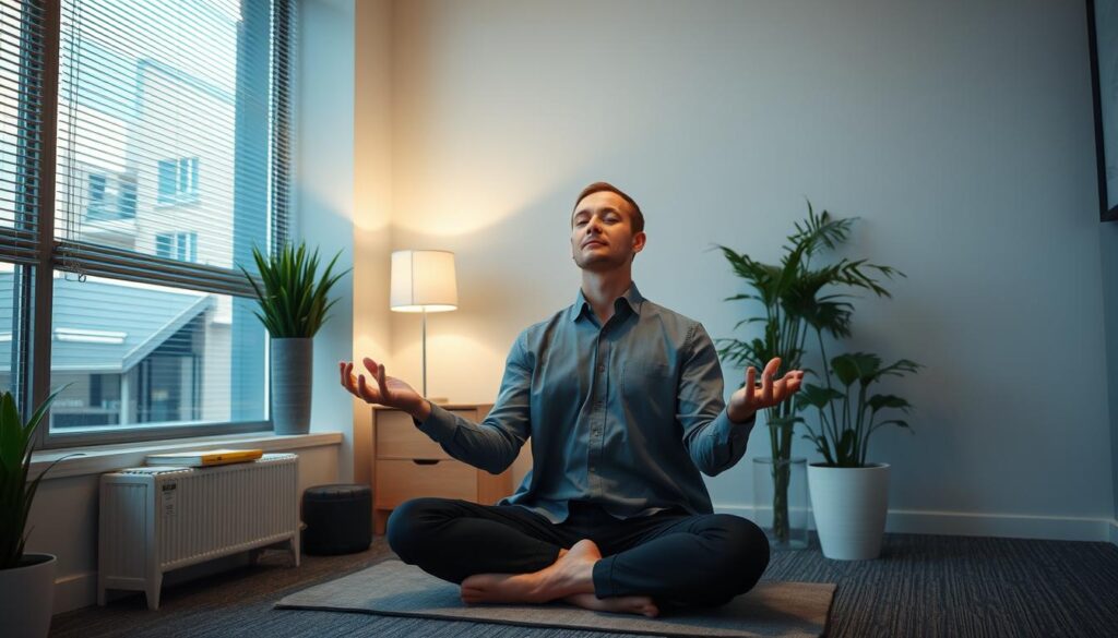 Image of a professional doing a body scan meditation in a quiet office space