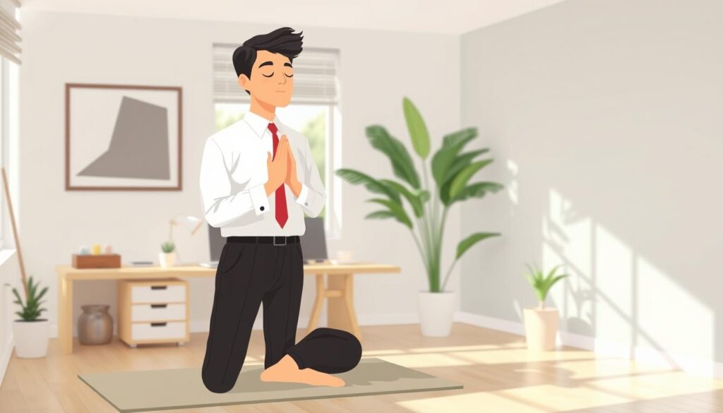 Image of a professional taking deep breaths in a calm office environment