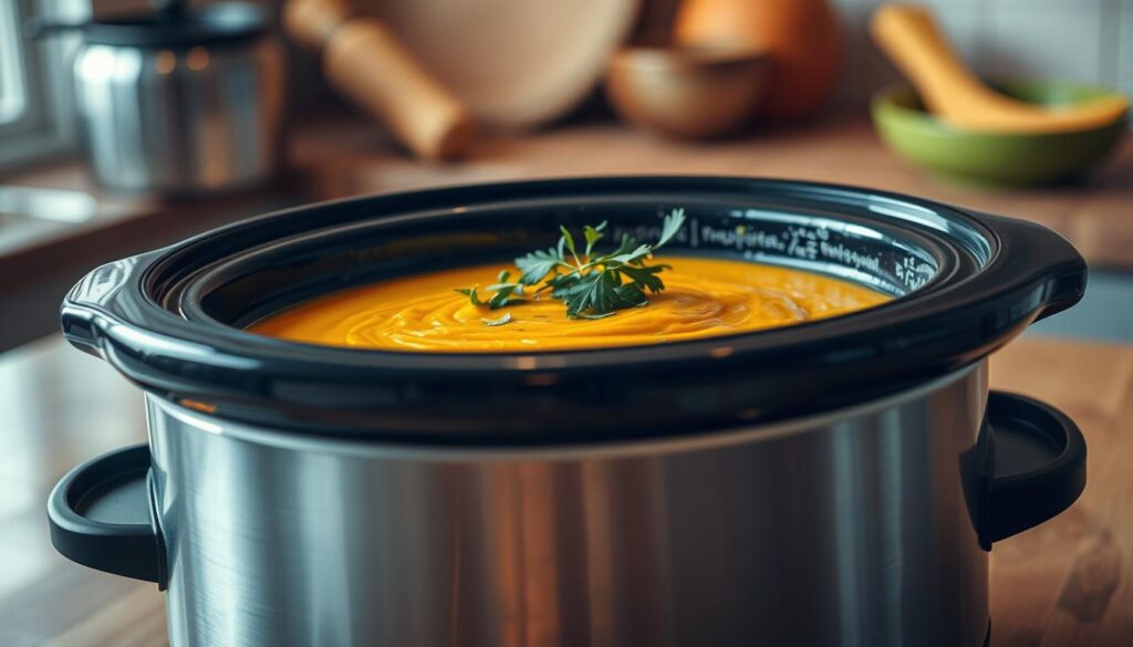 Image of a slow cooker filled with butternut squash soup, garnished with fresh herbs.