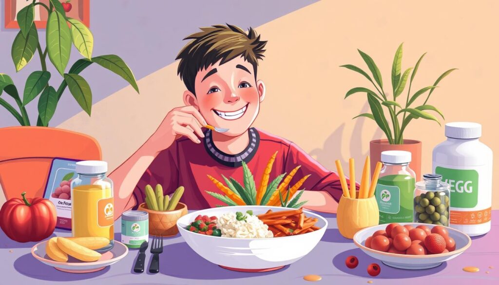 Image of a teenage vegan enjoying a balanced meal with supplements