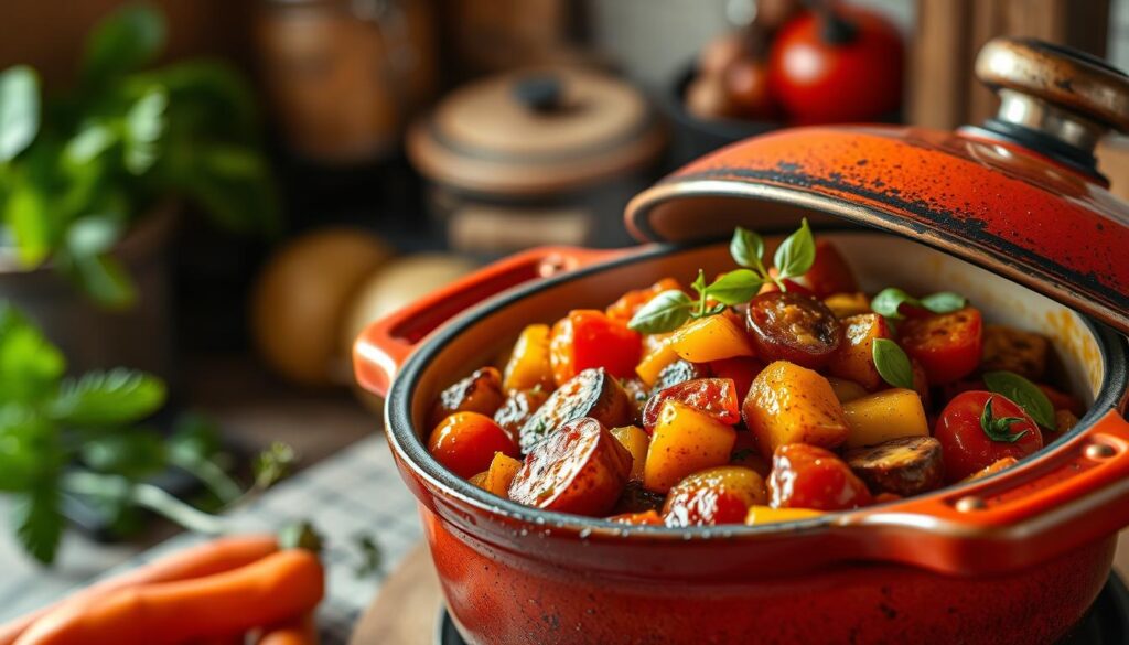 Image of a traditional ratatouille dish in a French cooking pot