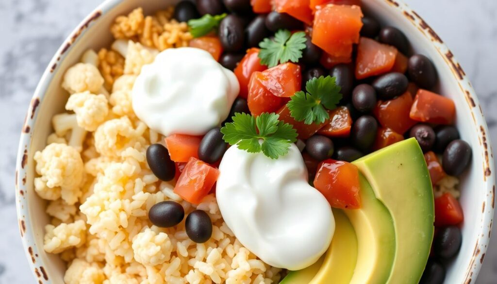 Image of a vibrant vegan burrito bowl with cauliflower rice, black beans, avocado, and salsa.