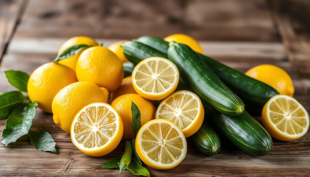 Image of organic lemons and cucumbers