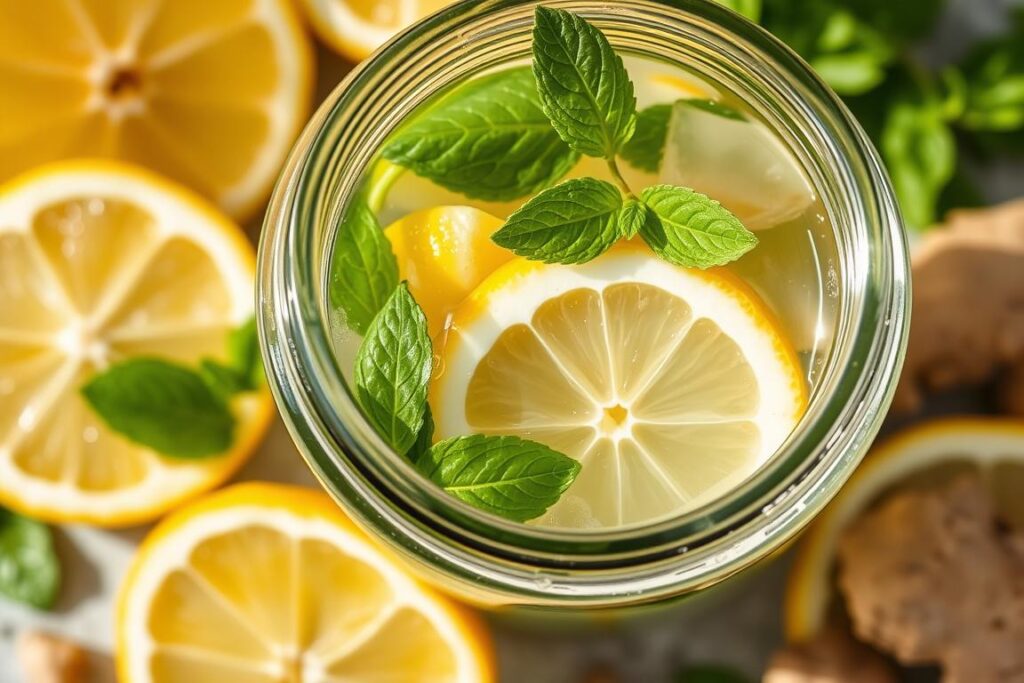 Lemon-ginger mint detox water for liver cleansing in a glass jar with ingredients Lemon-ginger mint detox water for liver cleansing in a glass jar with ingredients