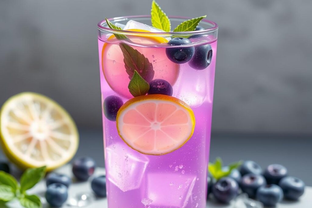 Milk thistle-lime detox water with blueberries in a glass Milk thistle-lime detox water with blueberries in a glass
