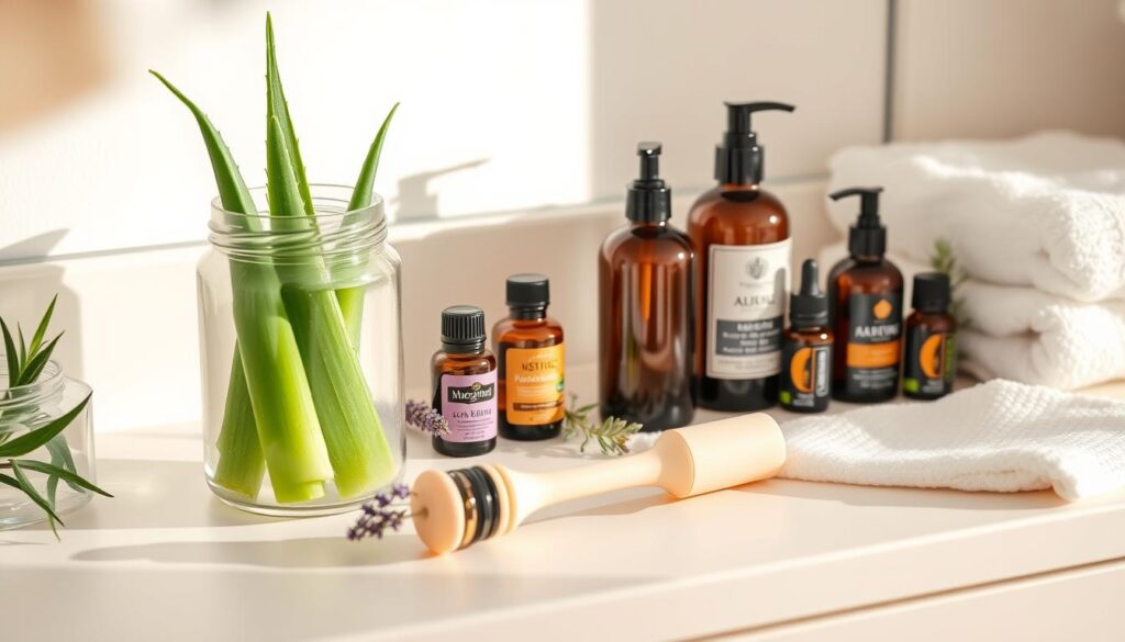 Morning and evening skincare routine setup with aloe vera gel and essential oils for youthful skin Morning and evening skincare routine setup with aloe vera gel and essential oils for youthful skin