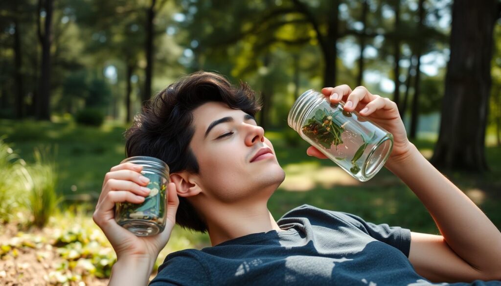 Person enjoying herbal detox water outdoors in nature Person enjoying herbal detox water outdoors in nature