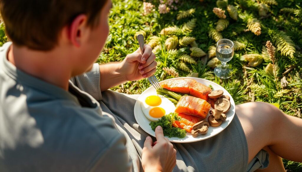 Person enjoying outdoor meal with vitamin D-rich foods in sunlight Person enjoying outdoor meal with vitamin D-rich foods in sunlight