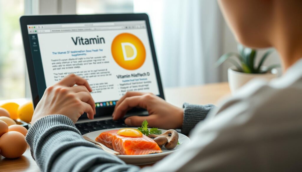 Person researching vitamin D sources on computer with healthy food nearby Person researching vitamin D sources on computer with healthy food nearby