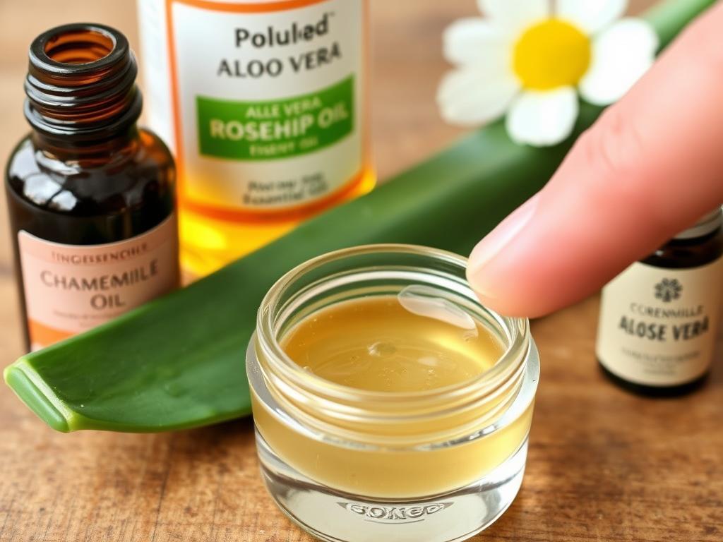 Rosehip oil and aloe under-eye gel in a small container with application demonstration for youthful skin Rosehip oil and aloe under-eye gel in a small container with application demonstration for youthful skin