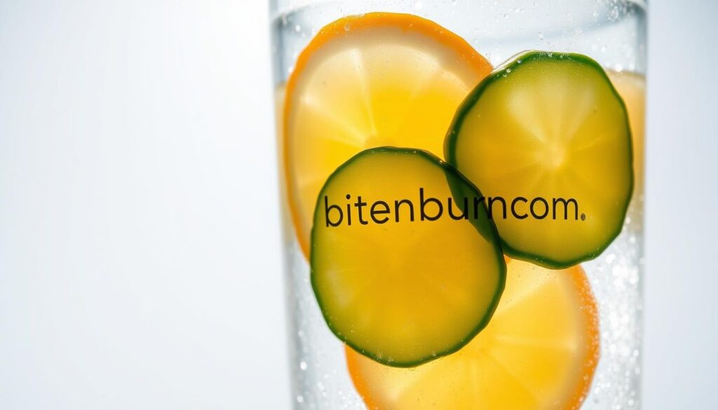 Slices of fresh lemon and crisp cucumber float in a glass of cool, sparkling water. The sunlight filters through the liquid, casting a soft, natural glow across the scene. The citrus and vegetable slices are arranged with careful precision, their vibrant colors and textures creating a visually appealing and refreshing display. The brand name "bitenburn.com" is subtly etched on the glass, adding a touch of sophistication to the image. The overall mood is serene and inviting, perfectly capturing the essence of a healthy, hydrating detox water.