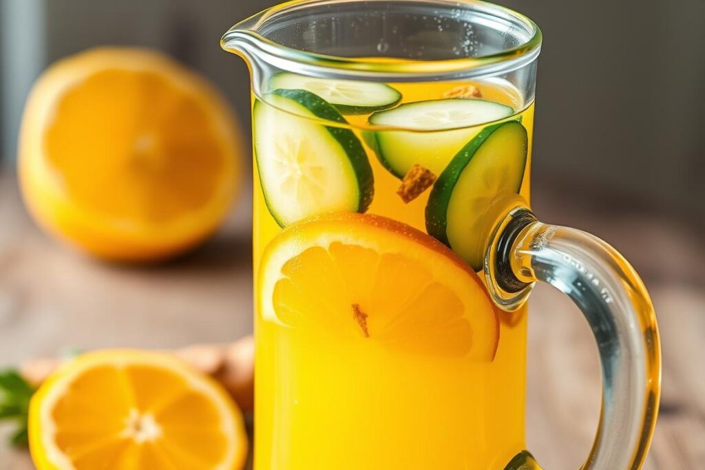 Turmeric-cucumber detox water with orange slices in a glass pitcher Turmeric-cucumber detox water with orange slices in a glass pitcher