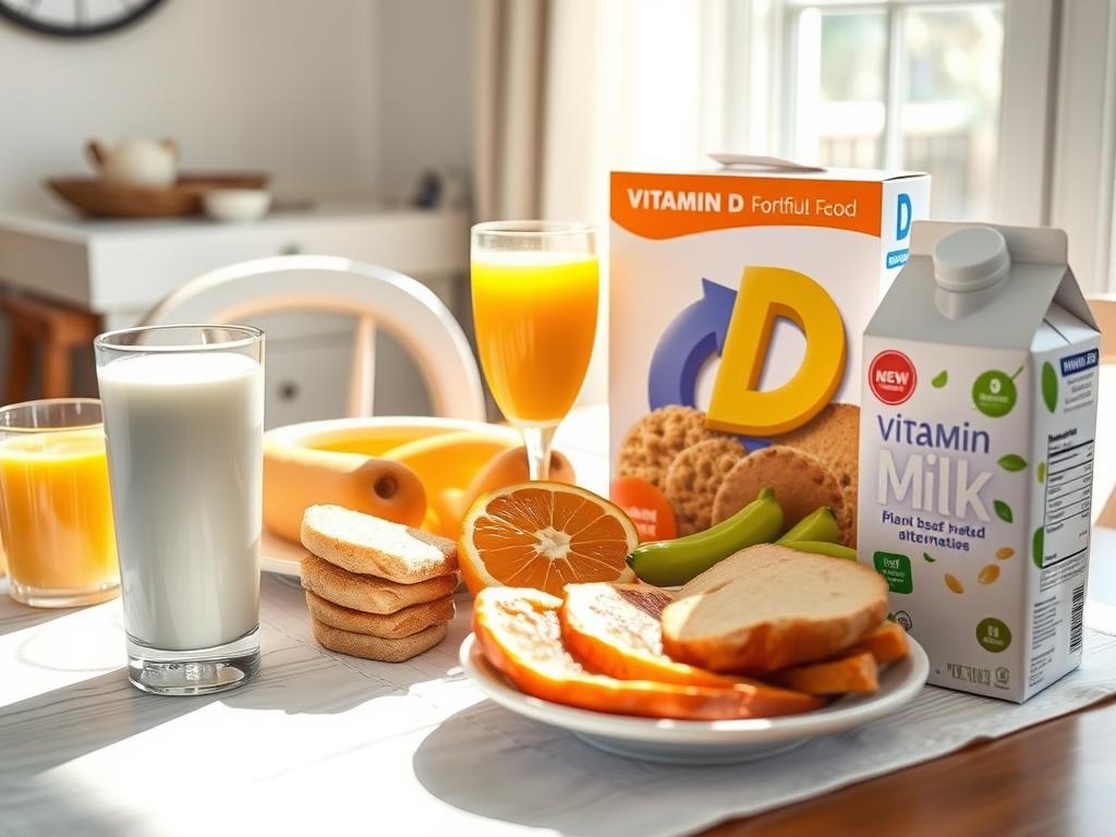 Variety of vitamin D fortified foods including milk, orange juice, and cereals Variety of vitamin D fortified foods including milk, orange juice, and cereals
