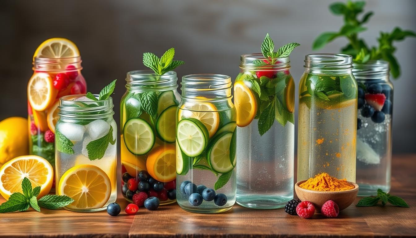Various colorful herbal detox water recipes for liver cleansing in glass jars with fresh ingredients