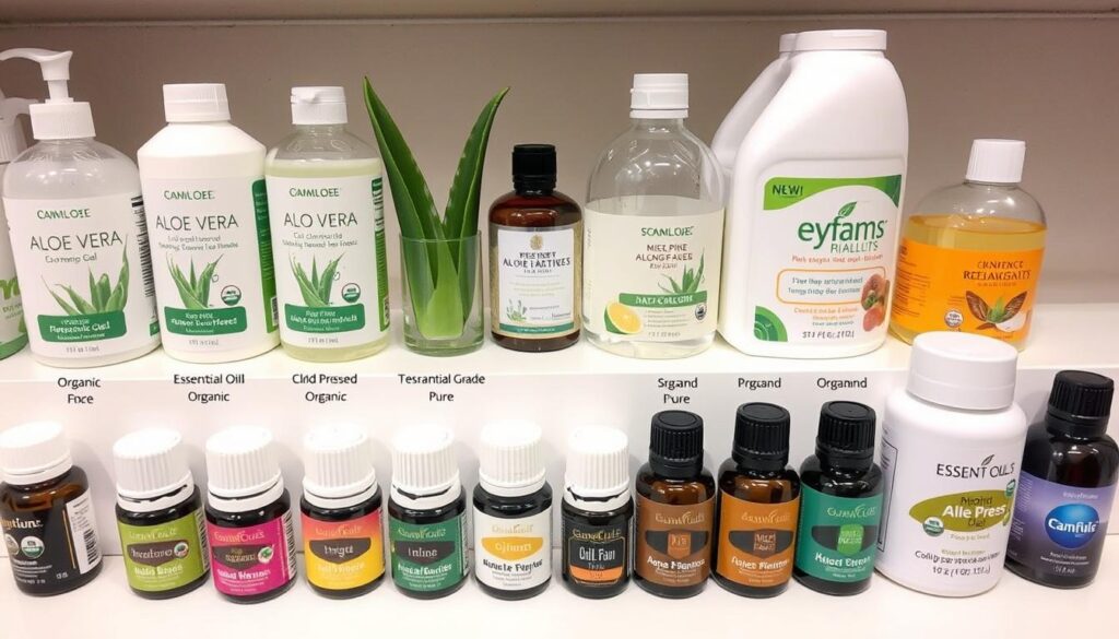 Various grades of aloe vera gel and essential oil bottles with quality indicators for youthful skin care Various grades of aloe vera gel and essential oil bottles with quality indicators for youthful skin care