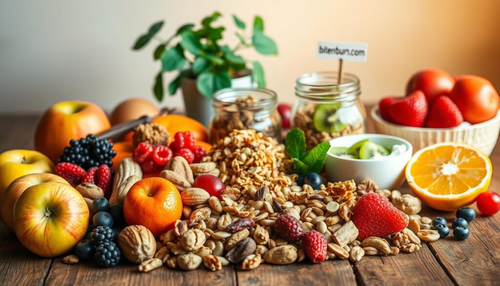 Vibrant and crisp image of a selection of fresh, unprocessed snacks artfully arranged on a rustic wooden table. In the foreground, a variety of seasonal fruits such as apples, oranges, and berries, alongside raw nuts, seeds, and dried fruits. In the middle ground, a glass jar filled with homemade granola and a small bowl of natural yogurt, garnished with sliced kiwi. In the background, a potted plant and a small label that reads "bitenburn.com", showcasing the website's focus on healthy, unprocessed snacking options. Warm, natural lighting casts a soft glow over the scene, highlighting the vibrant colors and textures of the healthy snacks.