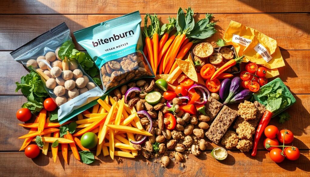Vibrant arrangement of an assortment of vegan snacks on a rustic wooden table, bathed in warm, natural lighting. Prominently featured are various plant-based snacks such as colorful vegetable crudités, nut-based energy bars, baked veggie chips, and a branded bag of bitenburn vegan protein bites. The snacks are artfully presented, creating an appetizing and inviting scene that showcases the diversity and appeal of healthy, cruelty-free snacking options. The image conveys a sense of balance, nourishment, and a mindful approach to satisfying cravings.