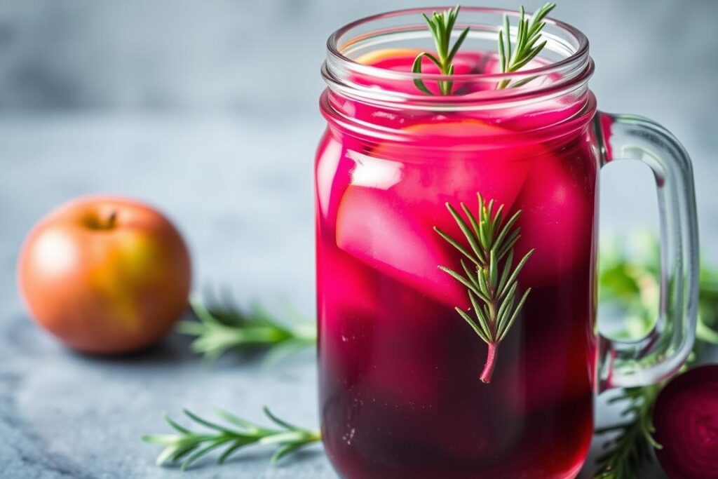 Vibrant red beetroot-apple detox water in a glass jar Vibrant red beetroot-apple detox water in a glass jar