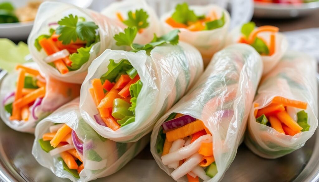 Vietnamese summer rolls with fresh vegetables and herbs wrapped in rice paper