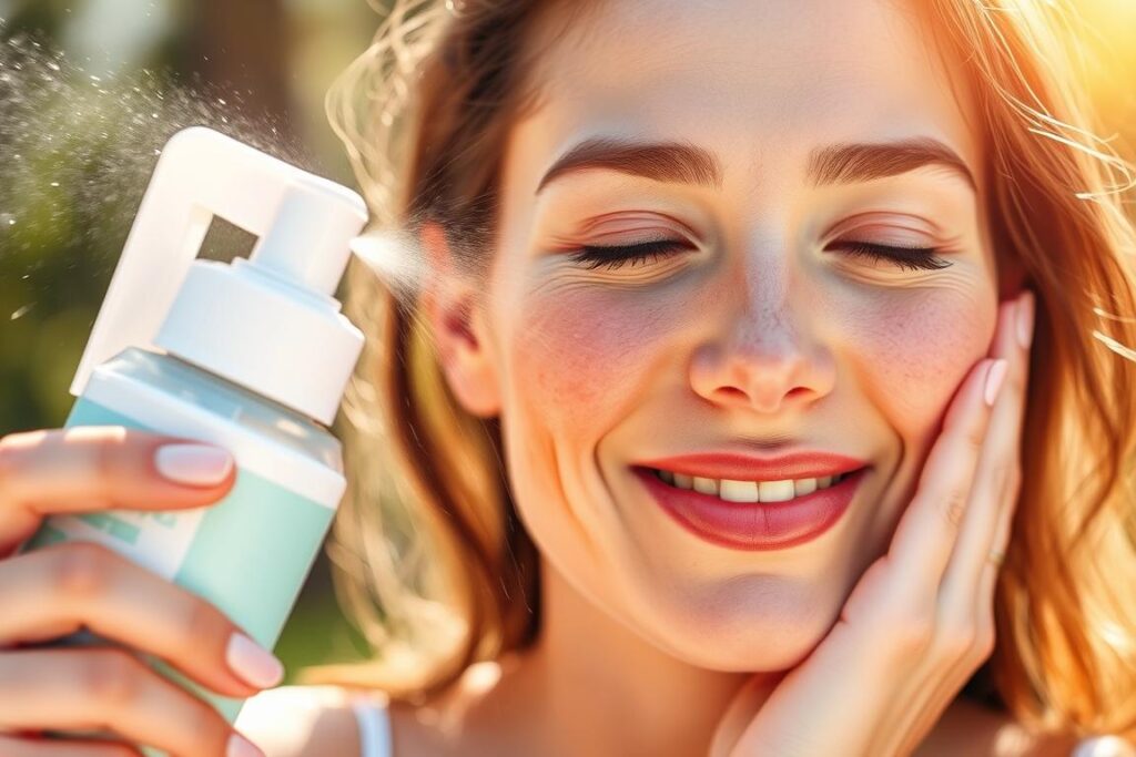 Woman using thermal water spray on sensitive skin in summer Woman using thermal water spray on sensitive skin in summer
