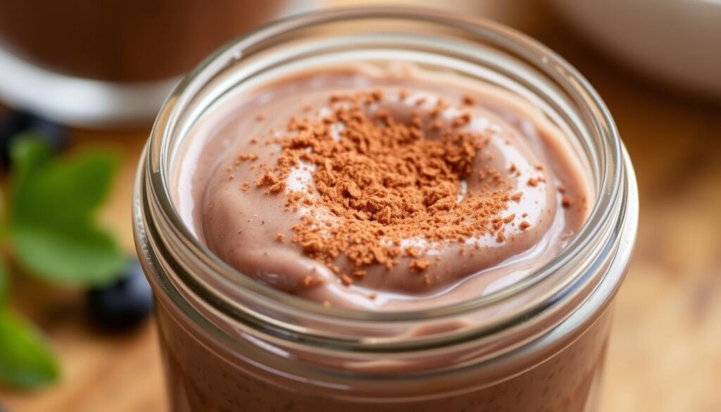 vegan chocolate chia pudding in a glass jar with a sprinkle of cocoa powder on top