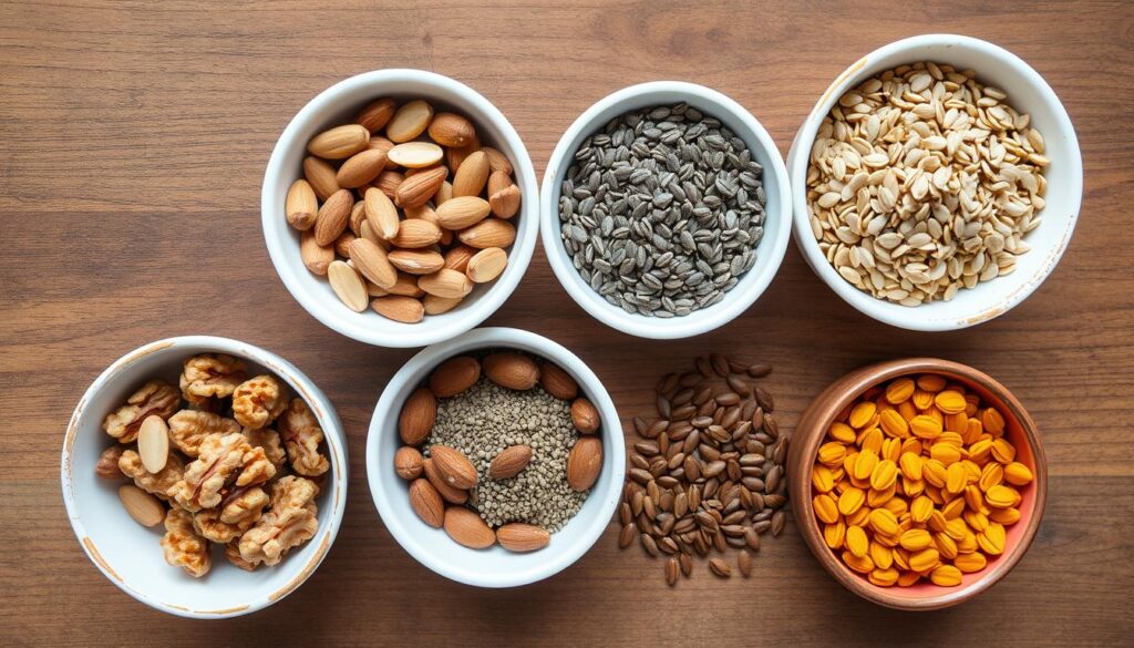 Assortment of nuts and seeds as sugar free oatmeal toppings for diabetics Assortment of nuts and seeds as sugar free oatmeal toppings for diabetics