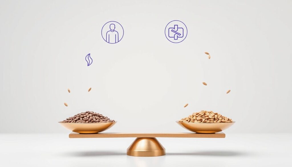 Balance scale showing chia seeds and flaxseeds with gut health indicators Balance scale showing chia seeds and flaxseeds with gut health indicators
