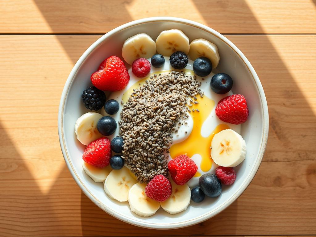 Bowl containing a mixture of chia seeds and flaxseeds with gut-friendly foods Bowl containing a mixture of chia seeds and flaxseeds with gut-friendly foods