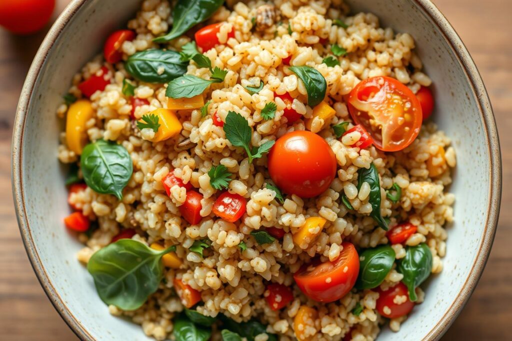 Bowl of cooked quinoa and barley with vegetables Bowl of cooked quinoa and barley with vegetables