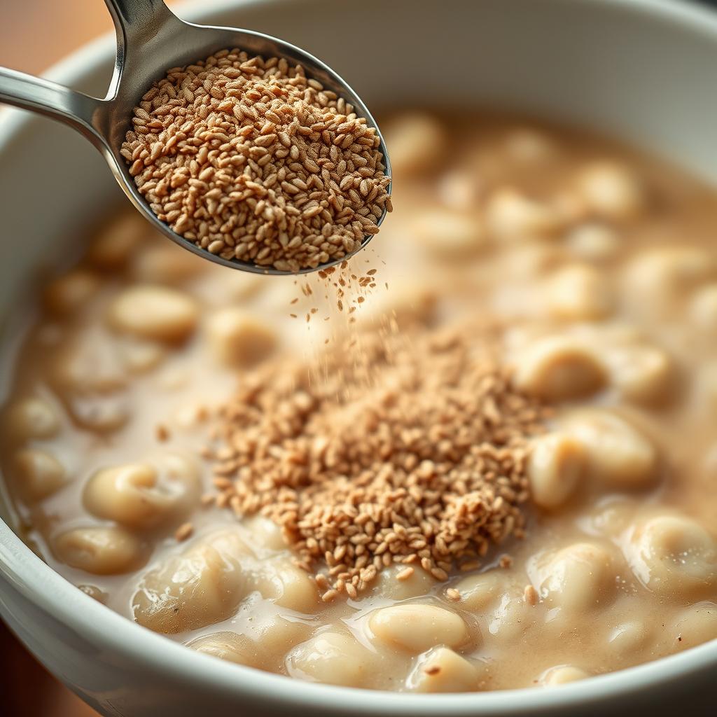 Close-up of flaxseed being sprinkled on oatmeal as a sugar free topping for diabetics Close-up of flaxseed being sprinkled on oatmeal as a sugar free topping for diabetics