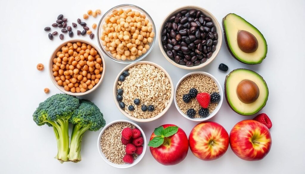 Collection of high fiber foods including legumes, whole grains, fruits and vegetables Collection of high fiber foods including legumes, whole grains, fruits and vegetables