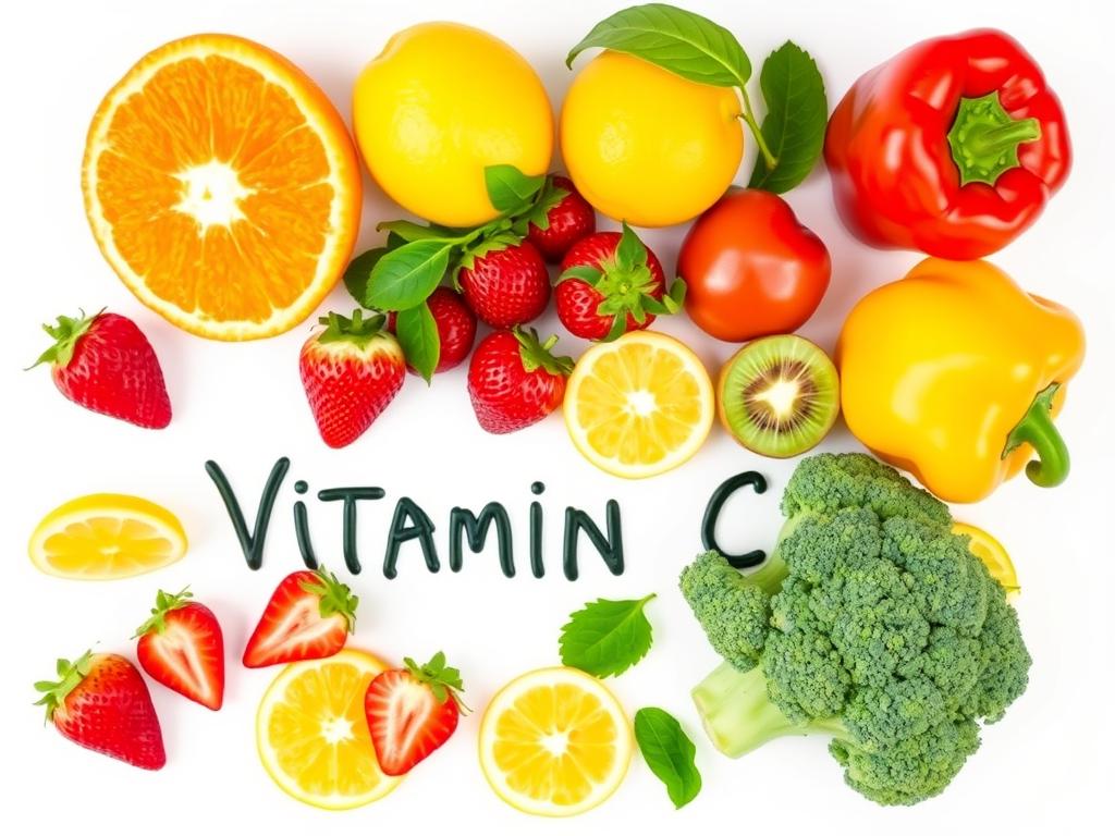 Colorful arrangement of vitamin C-rich foods including citrus fruits, bell peppers, and berries Colorful arrangement of vitamin C-rich foods including citrus fruits, bell peppers, and berries