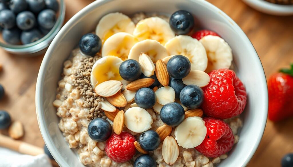 Colorful high-fiber breakfast bowl with berries, nuts and seeds Colorful high-fiber breakfast bowl with berries, nuts and seeds