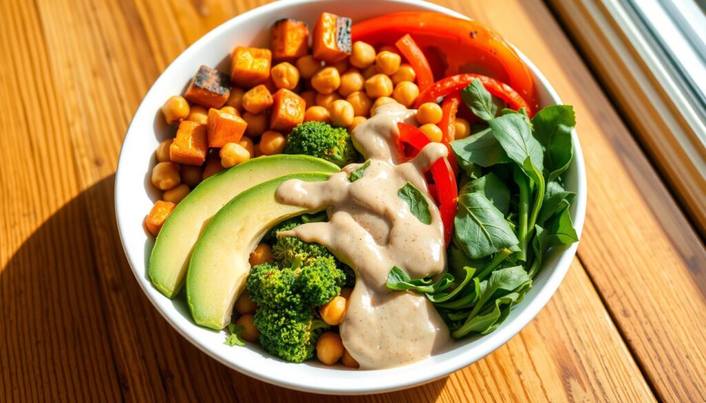 Colorful vegan Buddha bowl with various collagen-boosting ingredients Colorful vegan Buddha bowl with various collagen-boosting ingredients