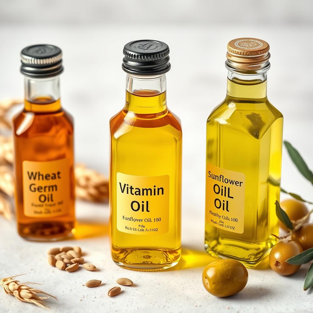 Different types of healthy oils rich in vitamin E including wheat germ oil, sunflower oil, and olive oil Different types of healthy oils rich in vitamin E including wheat germ oil, sunflower oil, and olive oil
