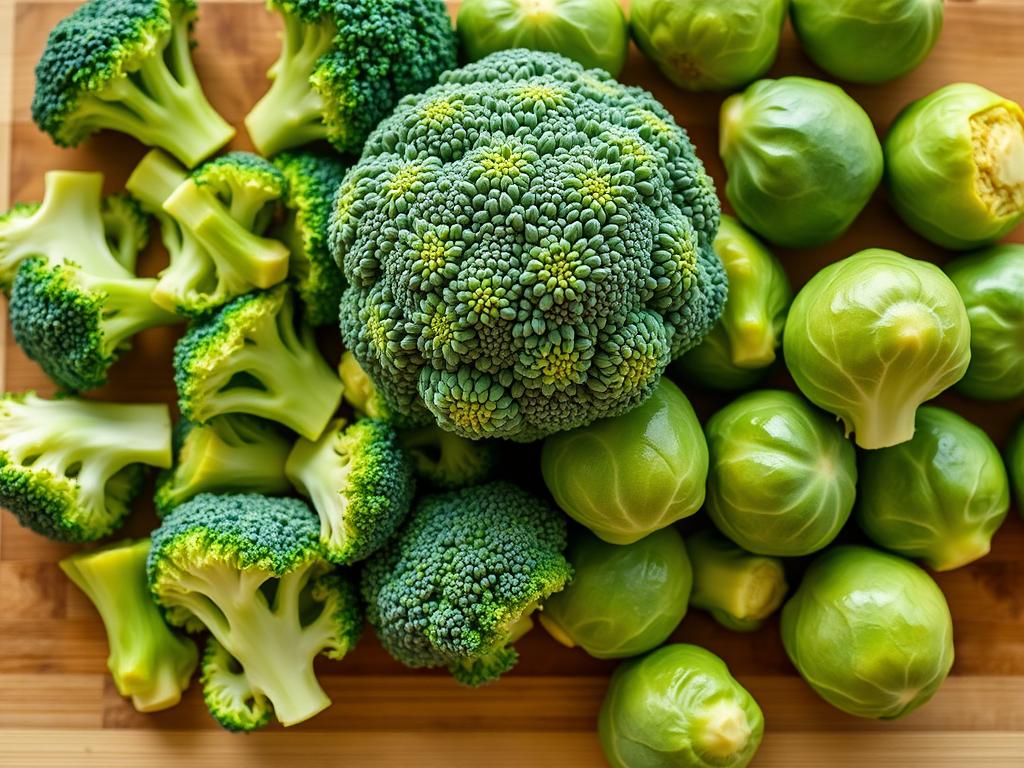 Fresh broccoli and Brussels sprouts on cutting board Fresh broccoli and Brussels sprouts on cutting board