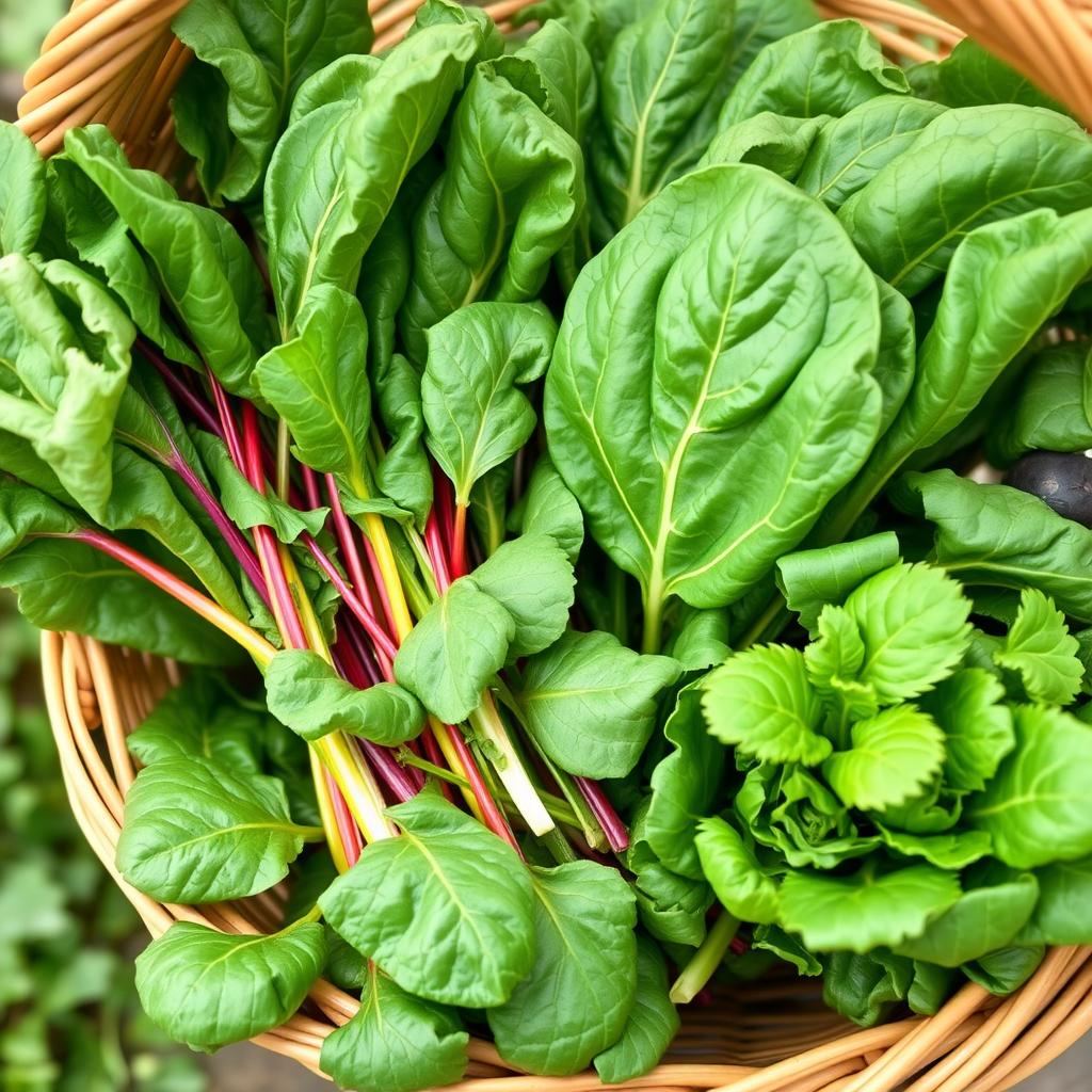 Fresh leafy green vegetables including spinach, Swiss chard, and turnip greens Fresh leafy green vegetables including spinach, Swiss chard, and turnip greens
