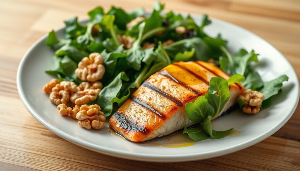Healthy meal rich in omega-3 fatty acids with salmon, walnuts, and leafy greens Healthy meal rich in omega-3 fatty acids with salmon, walnuts, and leafy greens