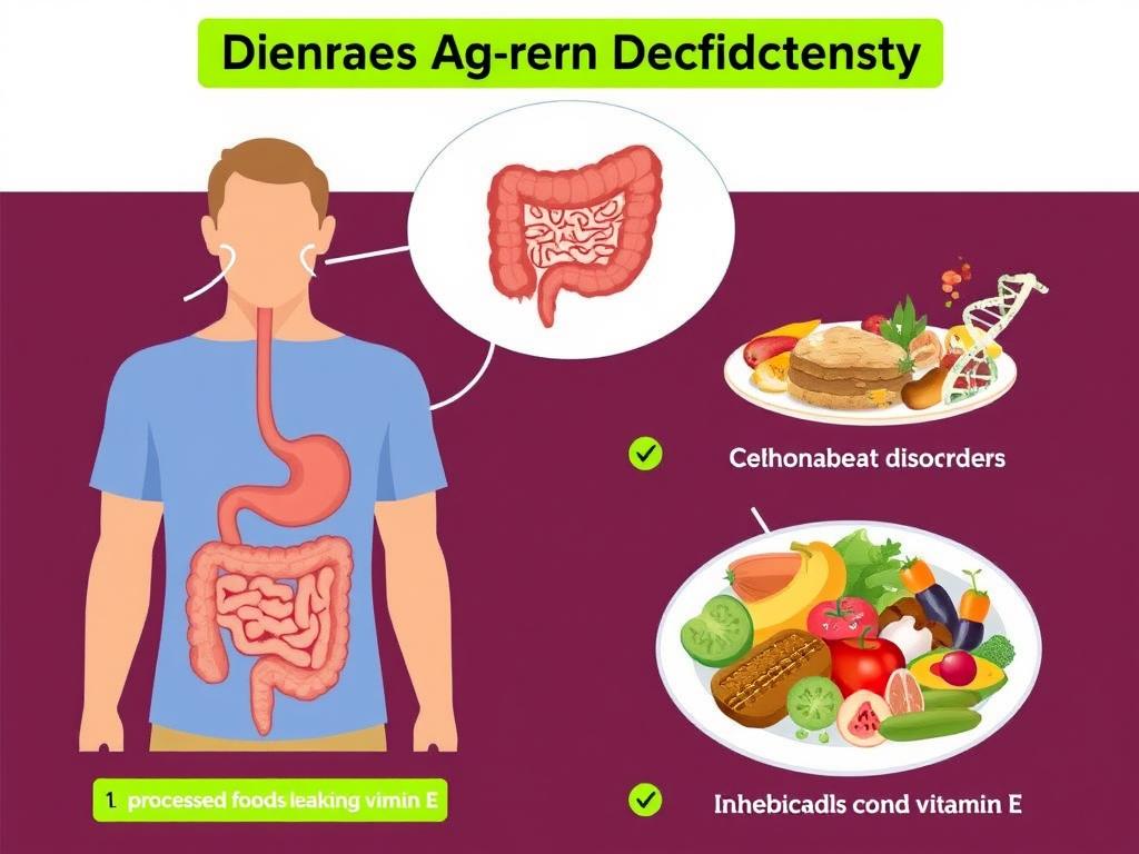 Illustration showing the main causes of vitamin E deficiency including malabsorption disorders and poor diet Illustration showing the main causes of vitamin E deficiency including malabsorption disorders and poor diet