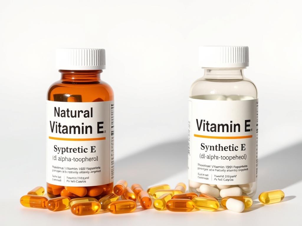 Natural vitamin E supplements next to synthetic ones with visual comparison Natural vitamin E supplements next to synthetic ones with visual comparison