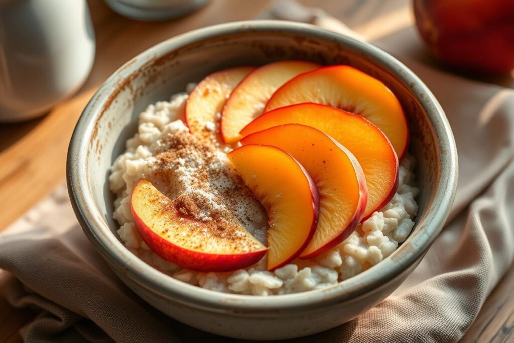 Oatmeal topped with sliced peaches as a sugar free option for diabetics Oatmeal topped with sliced peaches as a sugar free option for diabetics