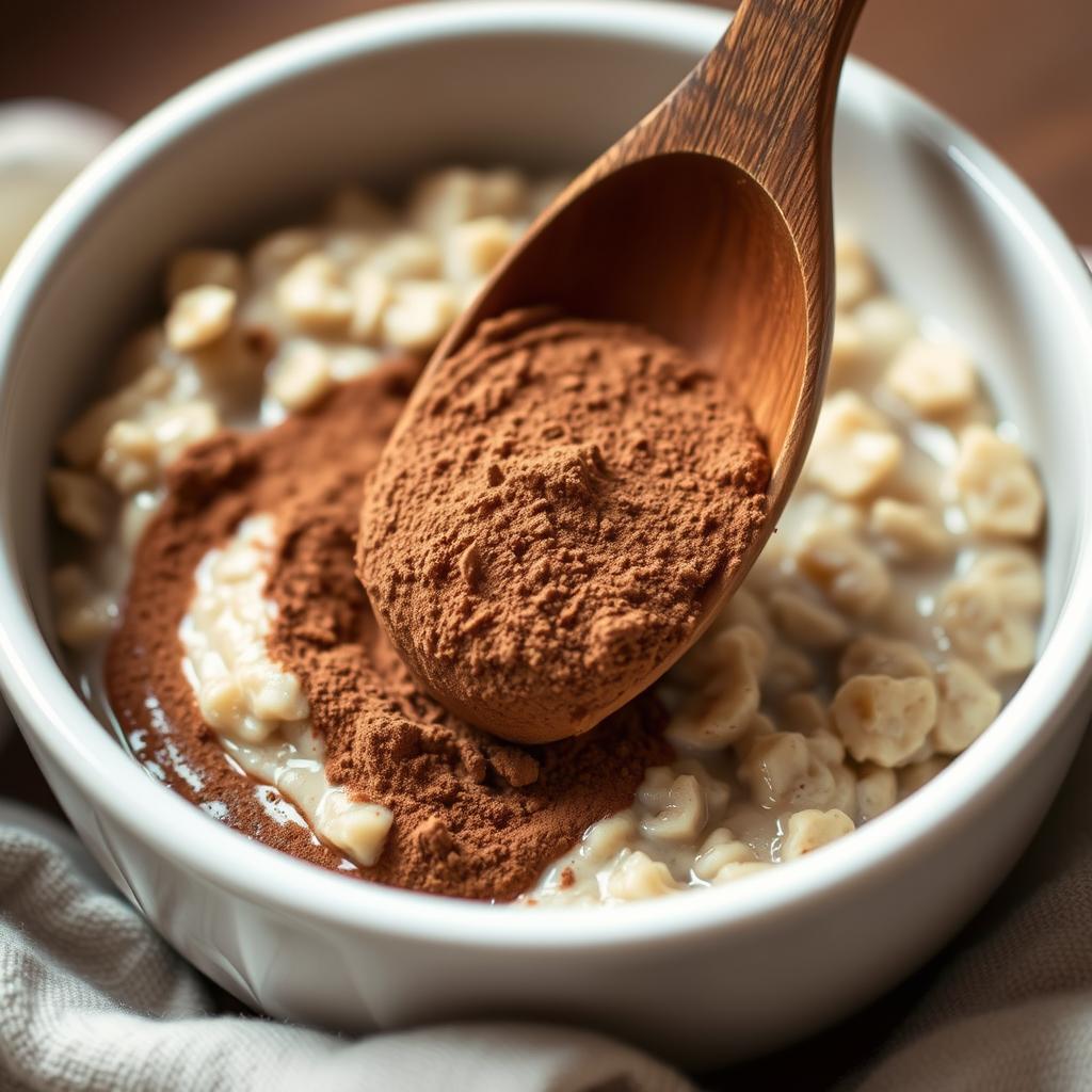 Oatmeal with cocoa powder being stirred in as a sugar free topping for diabetics Oatmeal with cocoa powder being stirred in as a sugar free topping for diabetics