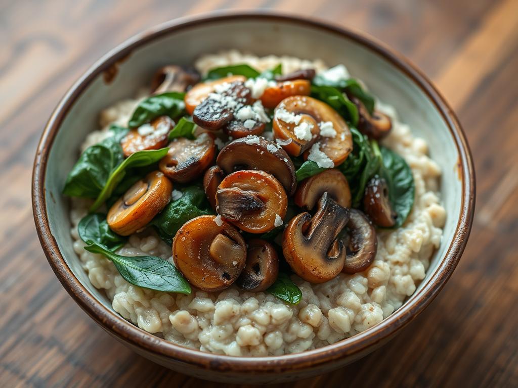 Oatmeal with sautéed mushrooms and spinach as a savory sugar free option for diabetics Oatmeal with sautéed mushrooms and spinach as a savory sugar free option for diabetics