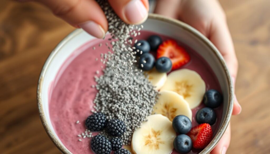 Person adding chia seeds to a smoothie bowl Person adding chia seeds to a smoothie bowl
