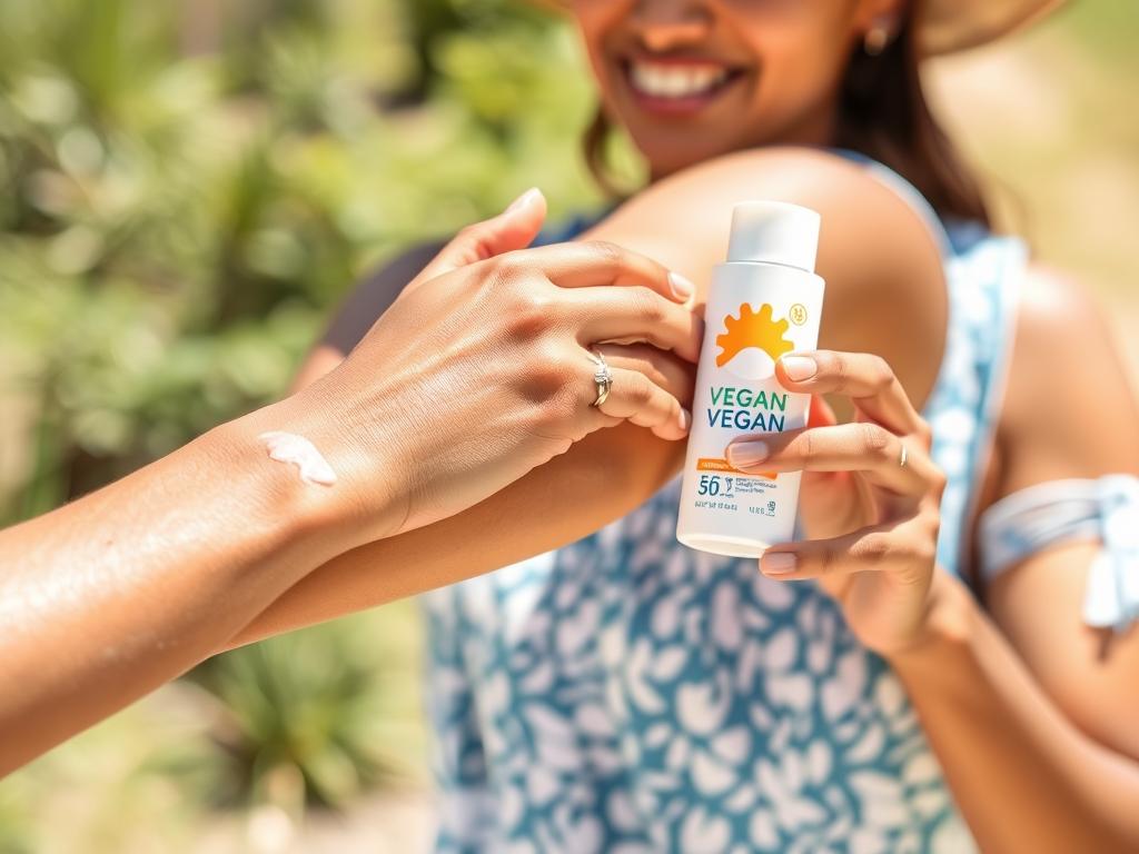 Person applying vegan sunscreen outdoors Person applying vegan sunscreen outdoors