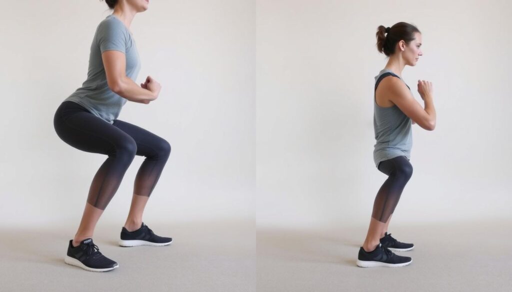 Person demonstrating modified squats for the 15 minute cardio workout for beginners Person demonstrating modified squats for the 15 minute cardio workout for beginners
