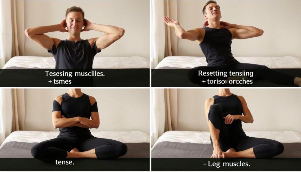 Person demonstrating progressive muscle relaxation technique - relaxation techniques for insomnia anxiety and better sleep Person demonstrating progressive muscle relaxation technique - relaxation techniques for insomnia anxiety and better sleep