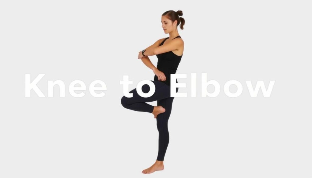 Person demonstrating the standing knee to elbow exercise for beginners Person demonstrating the standing knee to elbow exercise for beginners